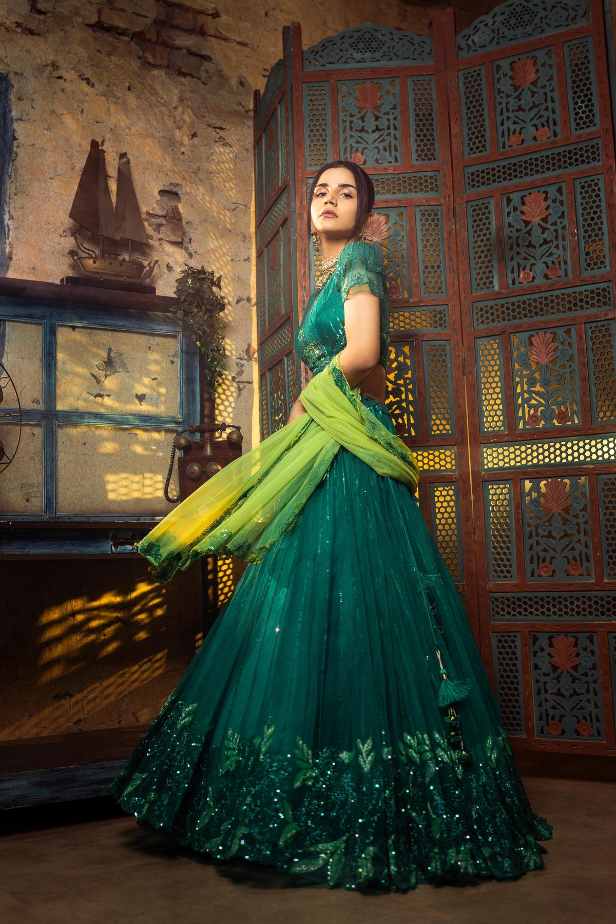 EMERALD GREEN NET EMBELLISED LEHENGA SET