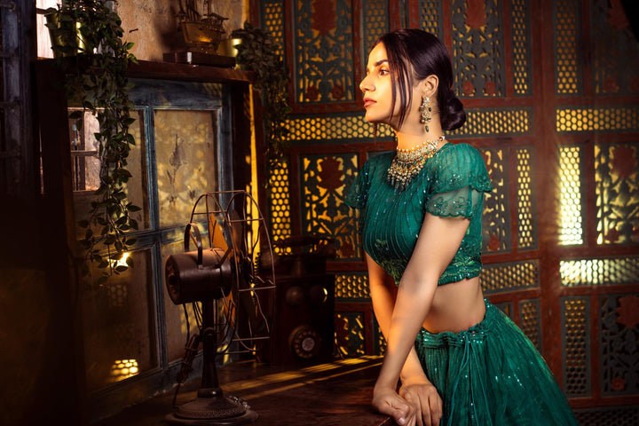 EMERALD GREEN NET EMBELLISED LEHENGA SET
