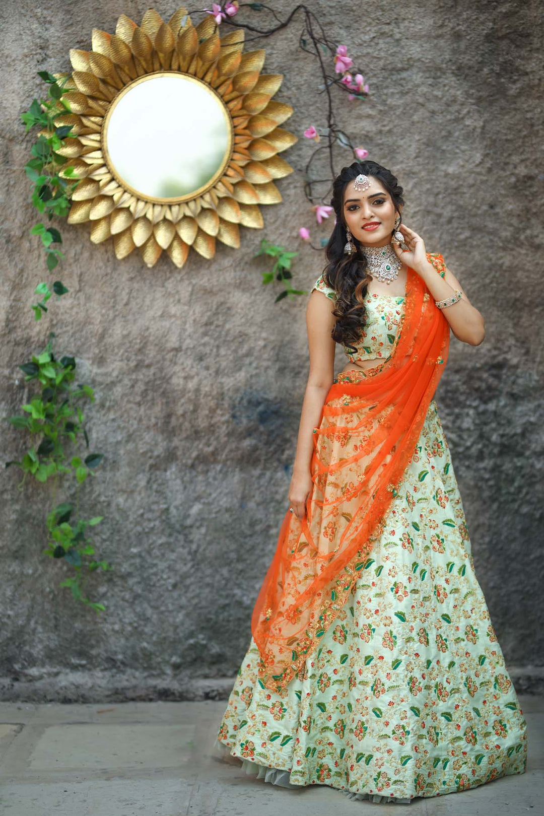 PISTA GREEN / ORANGE BRIDAL LEHENGA SET