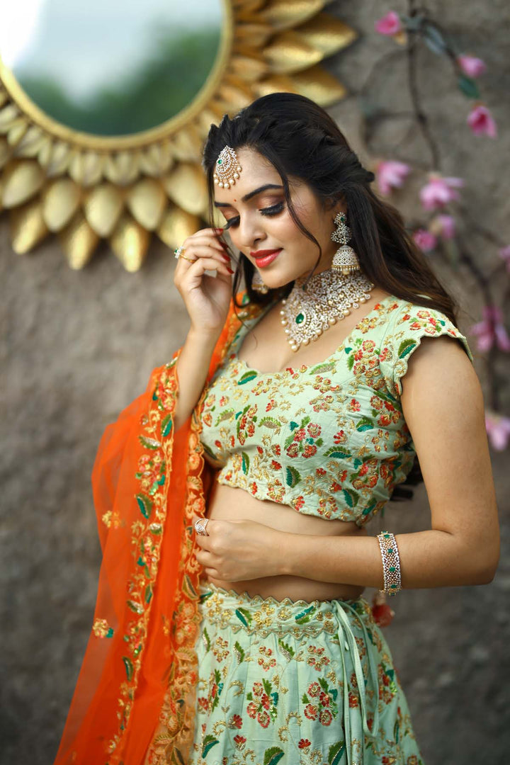 PISTA GREEN / ORANGE BRIDAL LEHENGA SET