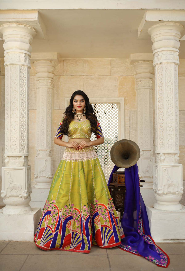 Green with applique work Bridal Lehenga