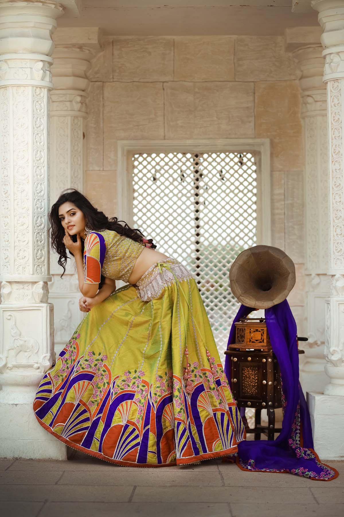 Green with applique work Bridal Lehenga
