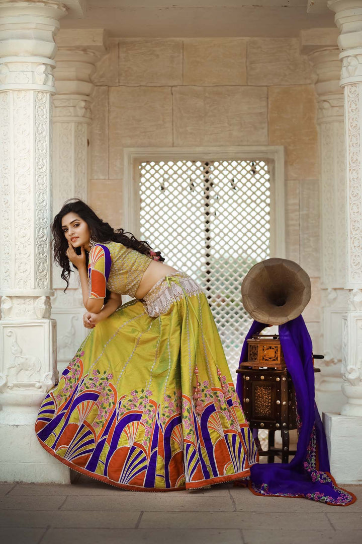 Green with applique work Bridal Lehenga