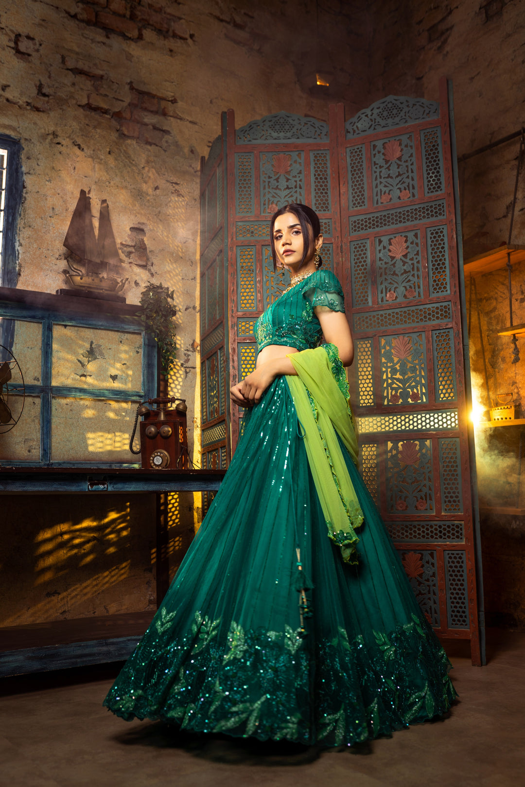 EMERALD GREEN NET EMBELLISED LEHENGA SET