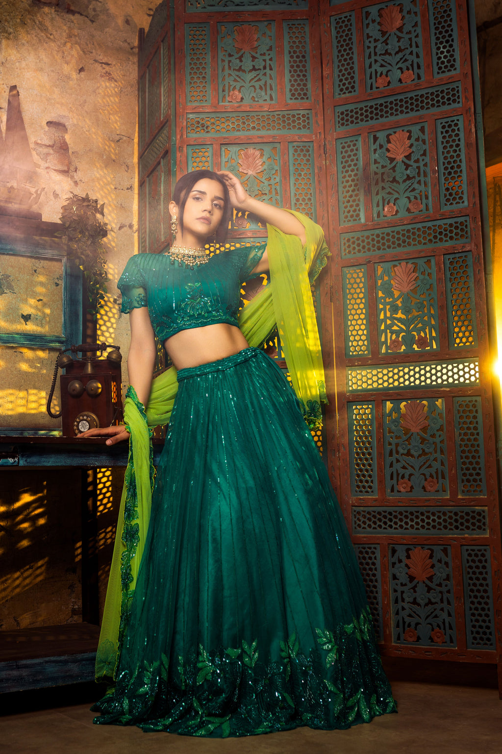 EMERALD GREEN NET EMBELLISED LEHENGA SET