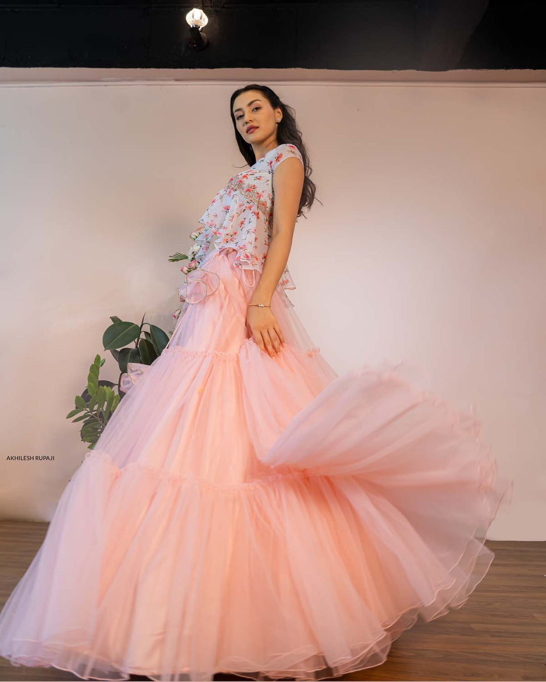 Flared net layers lehenga with floral peplum top designer store 