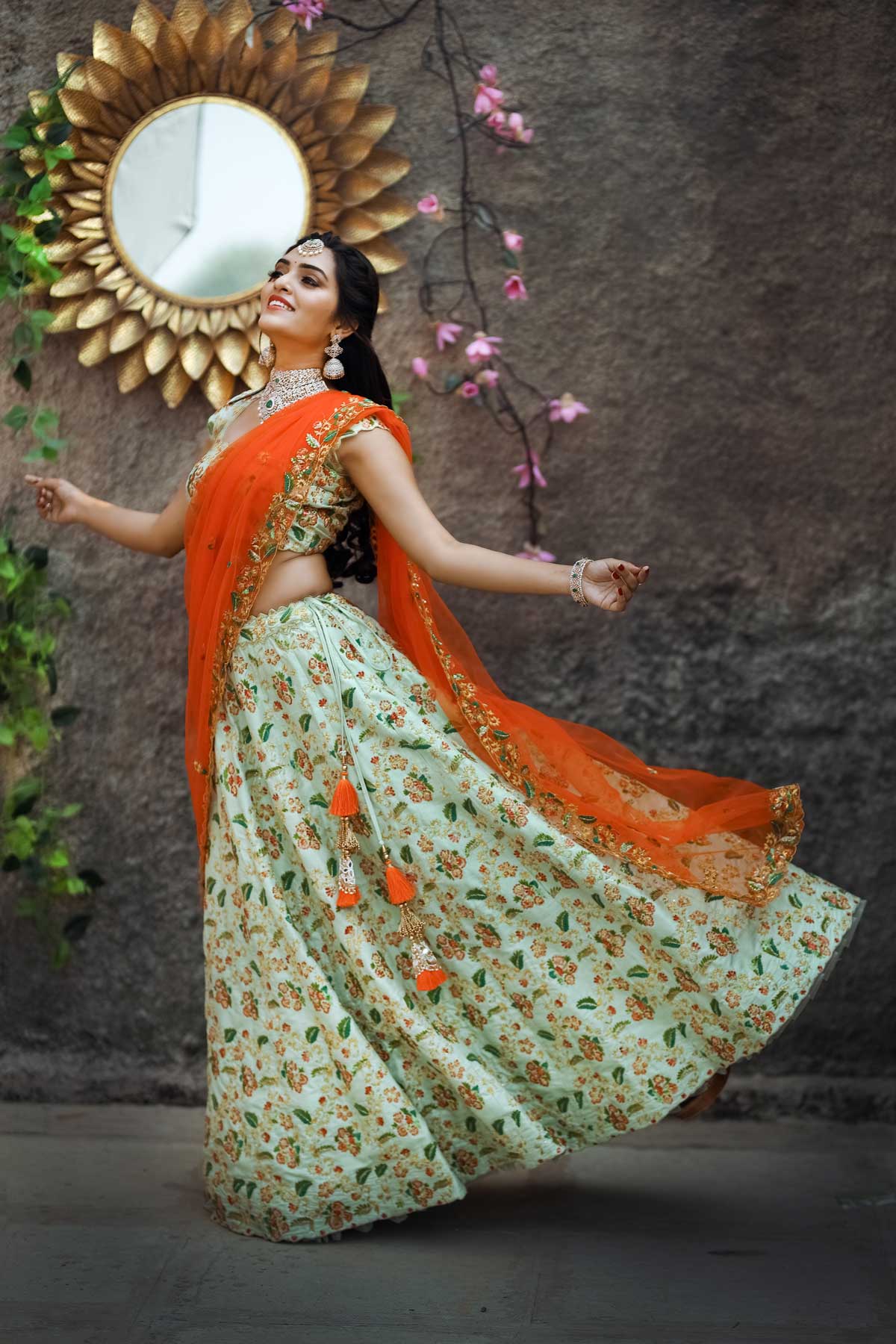 PISTA GREEN / ORANGE BRIDAL LEHENGA SET